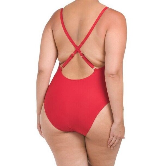 City Chic Womens Swimsuit siz 16 new nwt Lace Up One Piece Red Cherry High Leg - Picture 3 of 12